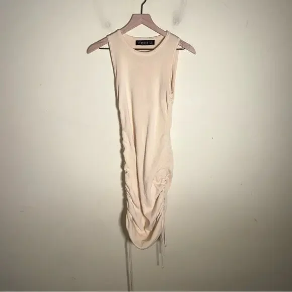 LIONESS Revolve Military Minds classic ruched side Mini Dress Beige S - Picture 3 of 8